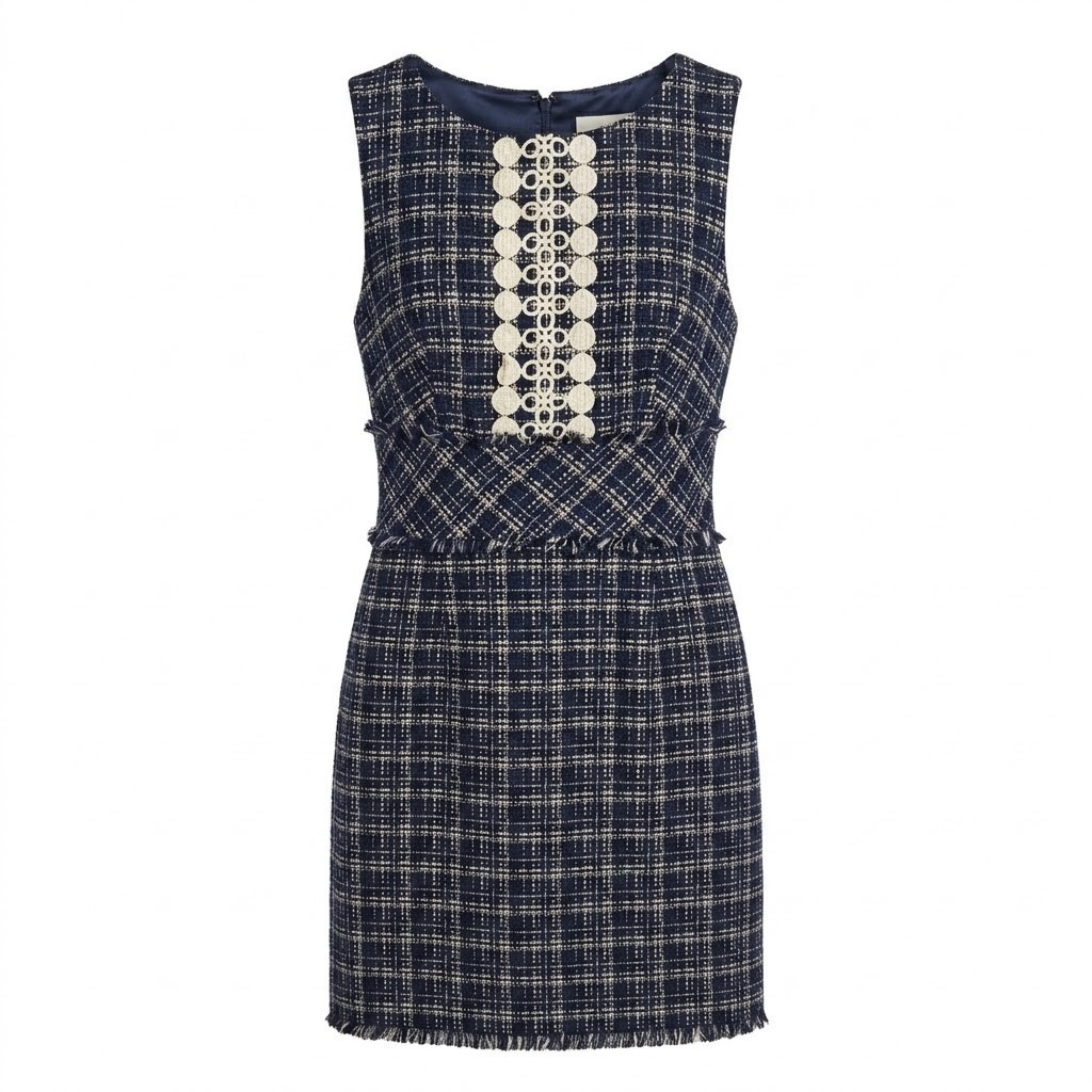 Trina Turk Blue Tweed Plaid Sleeveless Sheath Dress Fringed Size 8 - Cj